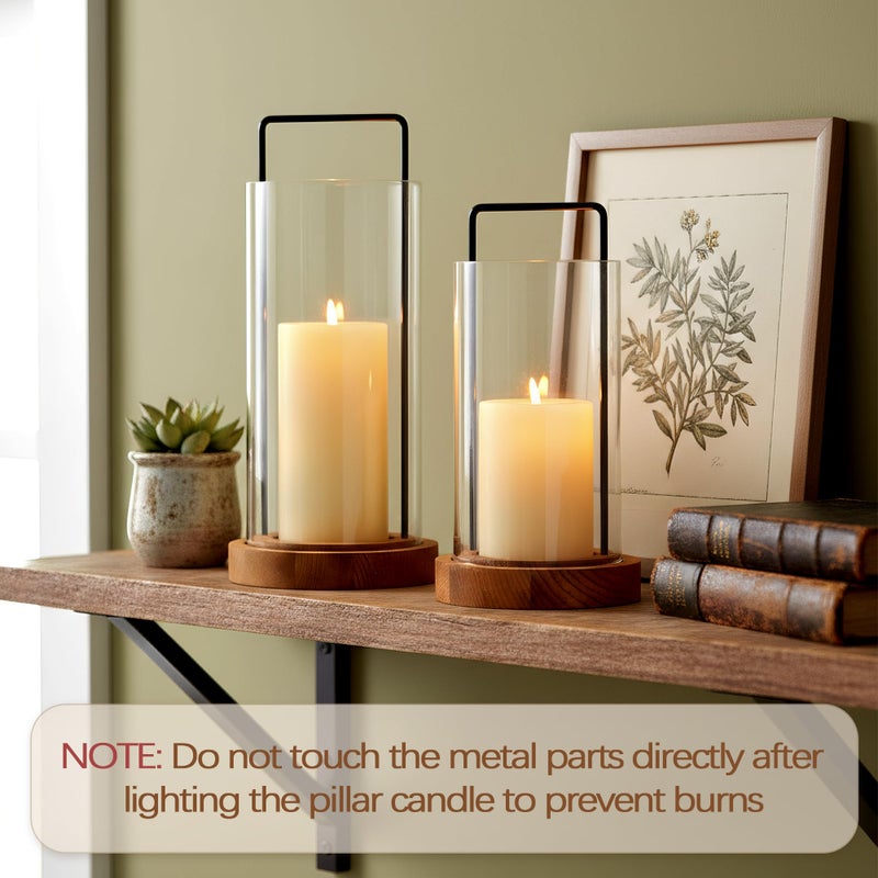 Houmury Set of 2 Hurricane Candle Holders Lantern 12â€ & 10â€with Wood Base Metal Handle Glass Cylinder Modern Farmhouse Decor for Home Decoration, Table Centerpieces (Warm Amber Brown) - Image 3
