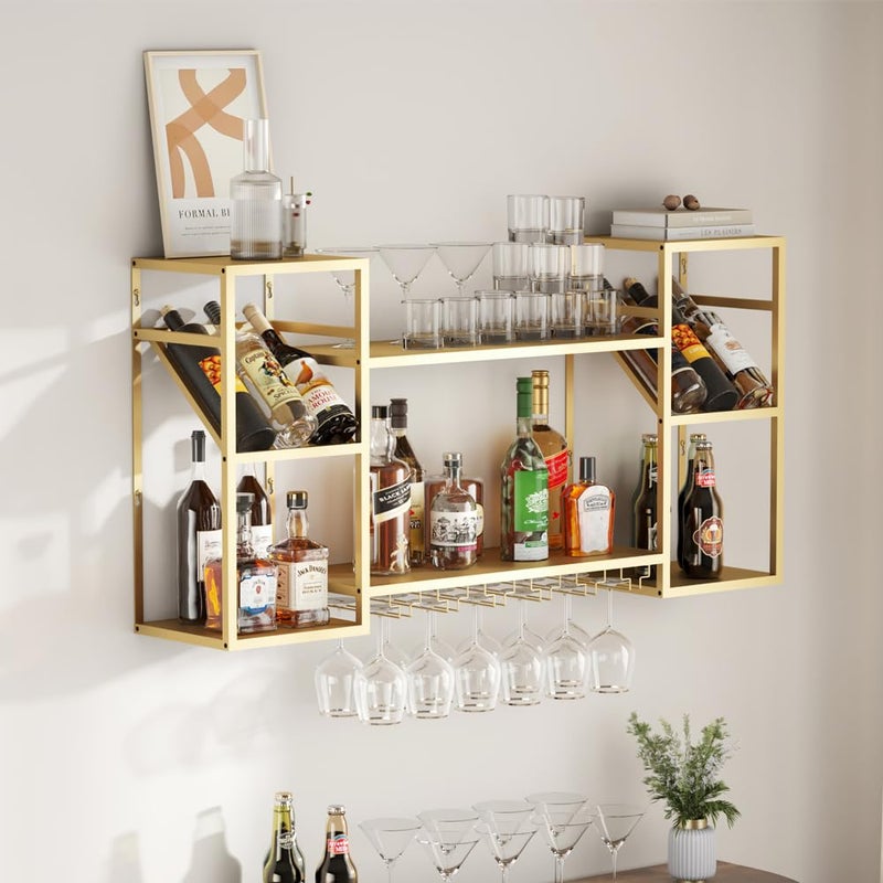 KaKaBB Metal Floating Bar Liquor Shelves 2 Tier Wall Mounted Wine Rack with Glass Holder Storage Wall Bar Shelf Wine Display Storage Holder for Kitchen Dining Room Bar Gold