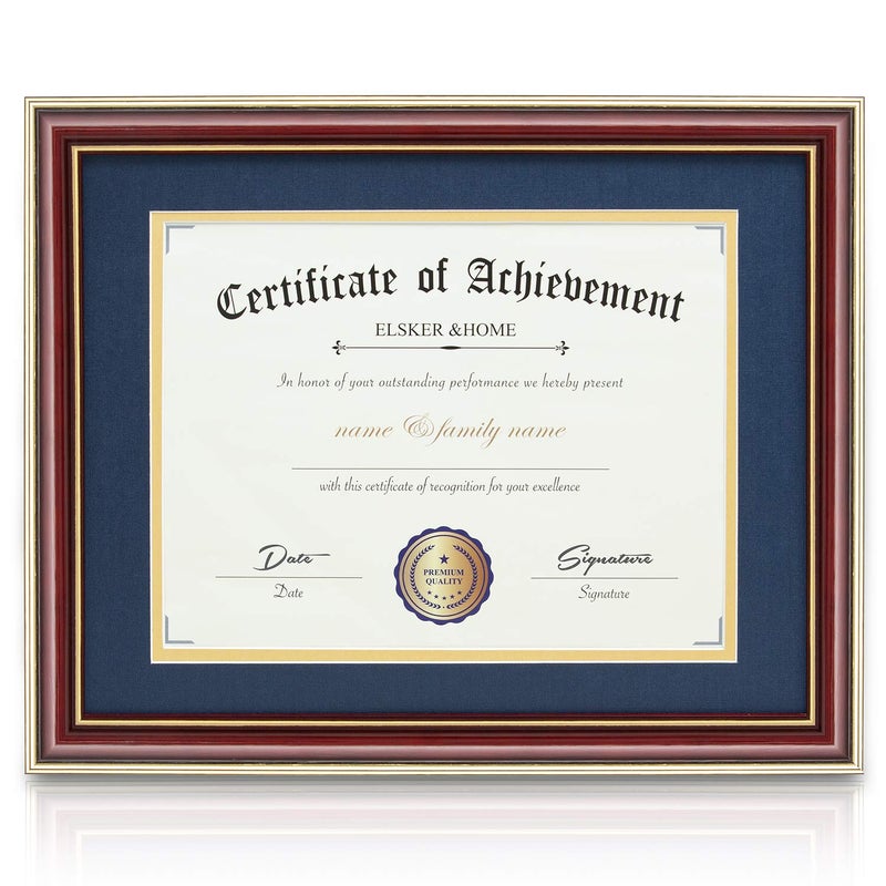 ELSKER&HOME ELSKERHOME 85x11 Document Frame  High Gloss Reddish Brown Wood Color Frame  Made for Certificates Sized 85x11 Inch with Mat and 11x14 Inch Without Mat Double Mat Navy with Golden Rim 