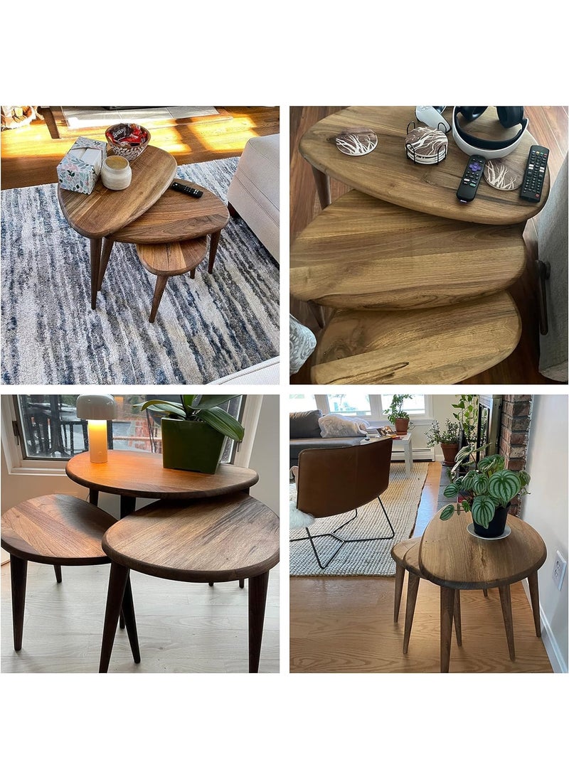DECENT DECOR - DECENT DECOR Solid Nesting Table Set of 3 Walnut Finish Mid Century Pebble Tables with Tapered Legs Wooden Decorative Home Furniture in a Retro Style for Living Room Garden Office - Image 1