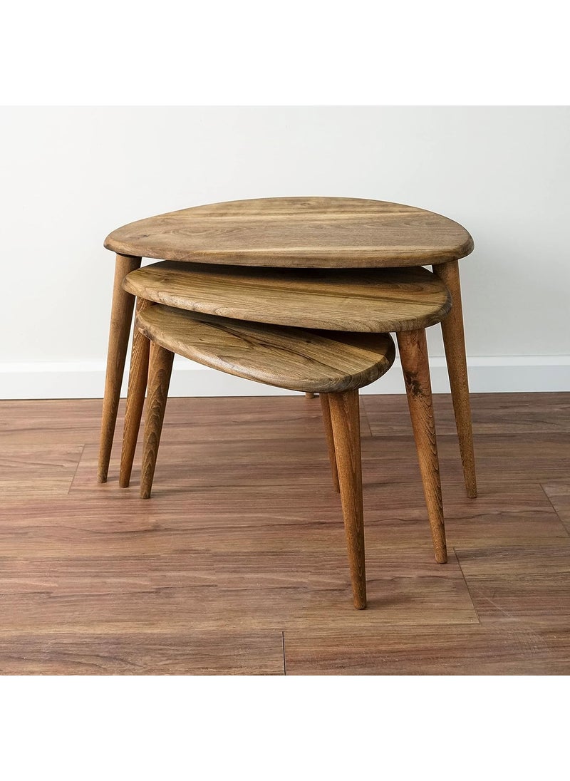 DECENT DECOR - DECENT DECOR Solid Nesting Table Set of 3 Walnut Finish Mid Century Pebble Tables with Tapered Legs Wooden Decorative Home Furniture in a Retro Style for Living Room Garden Office - Image 1
