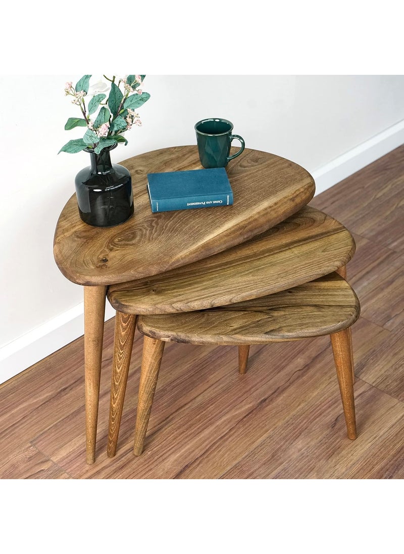 DECENT DECOR - DECENT DECOR Solid Nesting Table Set of 3 Walnut Finish Mid Century Pebble Tables with Tapered Legs Wooden Decorative Home Furniture in a Retro Style for Living Room Garden Office - Image 1