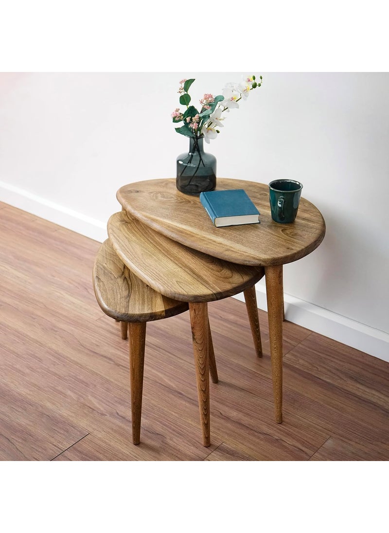 DECENT DECOR - DECENT DECOR Solid Nesting Table Set of 3 Walnut Finish Mid Century Pebble Tables with Tapered Legs Wooden Decorative Home Furniture in a Retro Style for Living Room Garden Office - Image 1