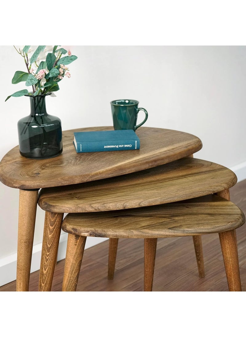 DECENT DECOR - DECENT DECOR Solid Nesting Table Set of 3 Walnut Finish Mid Century Pebble Tables with Tapered Legs Wooden Decorative Home Furniture in a Retro Style for Living Room Garden Office - Image 1
