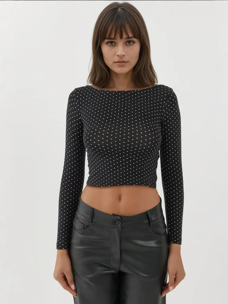 HICCUP Open Back Polka Dot Long Sleeve Fitted Crop Top Busem Collection