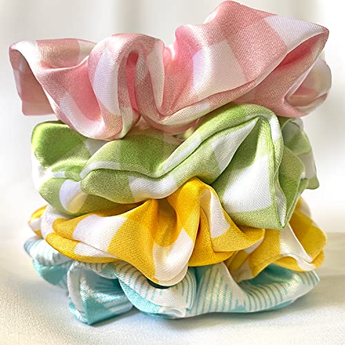 Silvr Bear Fresh Checks Scrunchies | Luxury Satin Printed Scrunchies SAME 4 COLORS AS PIC, Multi-Colour Summer Checks - Image 1