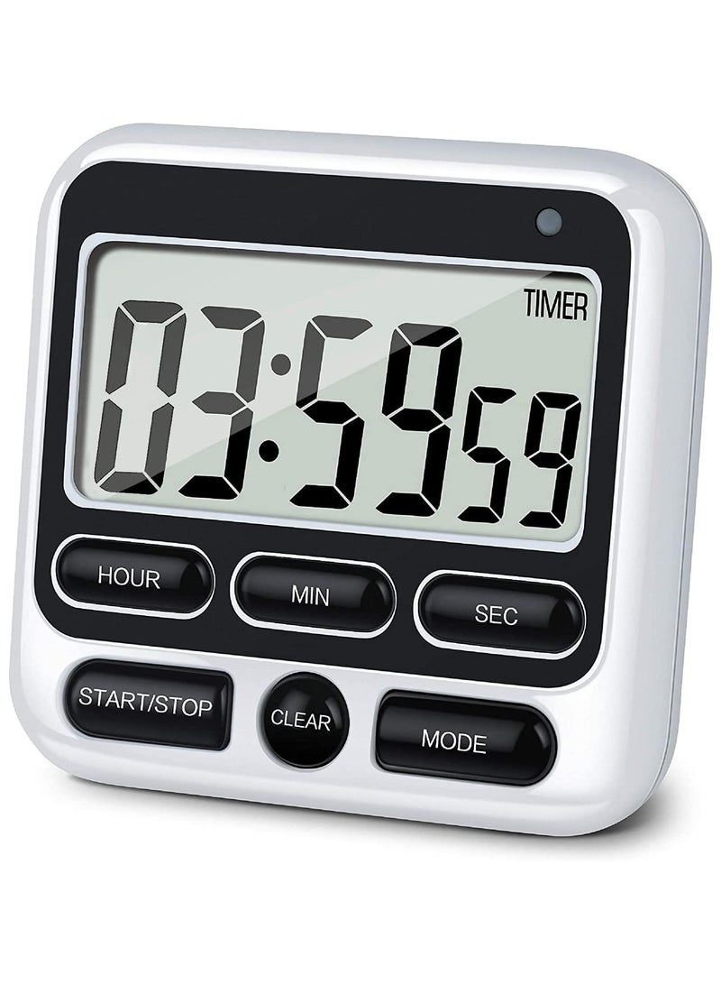 مؤقت مطبخ رقمي مع مفتاح تشغيل/إيقاف منبه كتم الصوت/صوت عالٍ، ساعة ومنبه 12 ساعة، وظيفة الذاكرة العد لأعلى والعد التنازلي للأطفال المعلمين الطبخ، شاشة LCD كبيرة، مغناطيس قوي - Image 1