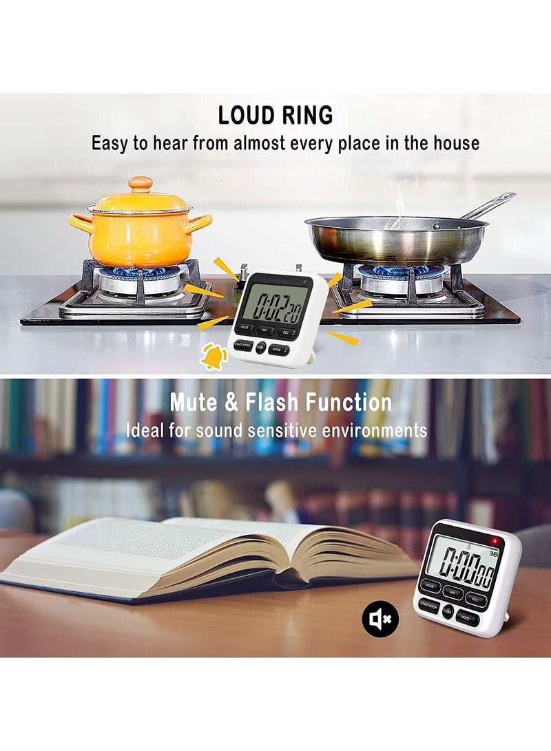 مؤقت مطبخ رقمي مع مفتاح تشغيل/إيقاف منبه كتم الصوت/صوت عالٍ، ساعة ومنبه 12 ساعة، وظيفة الذاكرة العد لأعلى والعد التنازلي للأطفال المعلمين الطبخ، شاشة LCD كبيرة، مغناطيس قوي - Image 2