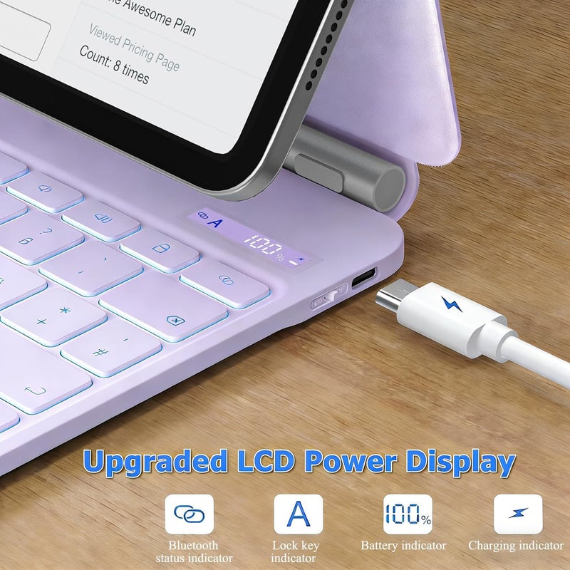 آرترابيت 【Arabic English】لوحة مفاتيح سحرية لـ iPad A16 11th/10th، حقيبة لوحة مفاتيح لـ iPad 11/10 مع حامل مغناطيسي، شاشة رقمية، لوحة لمس متعددة اللمس، مفاتيح بإضاءة خلفية بـ 7 ألوان، أرجواني - Image 2