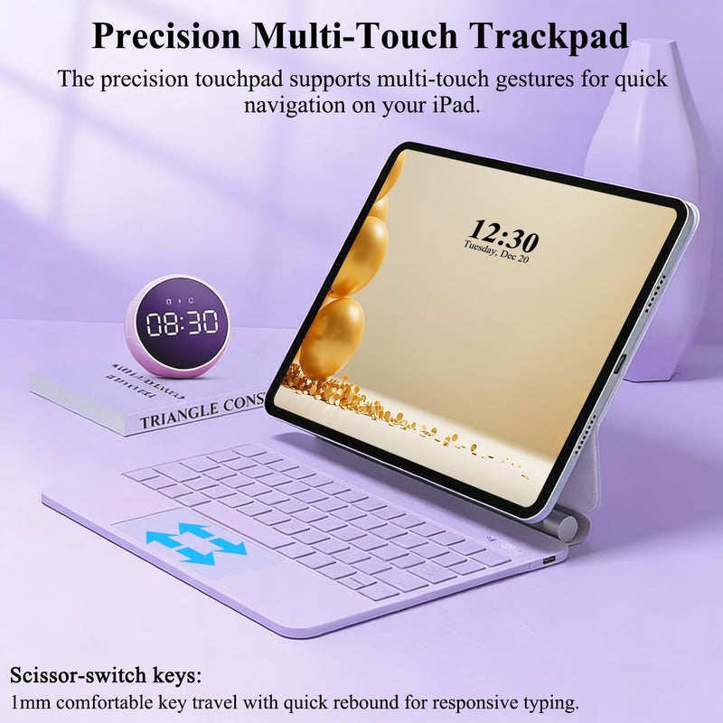 آرترابيت 【Arabic English】لوحة مفاتيح سحرية لـ iPad A16 11th/10th، حقيبة لوحة مفاتيح لـ iPad 11/10 مع حامل مغناطيسي، شاشة رقمية، لوحة لمس متعددة اللمس، مفاتيح بإضاءة خلفية بـ 7 ألوان، أرجواني - Image 3