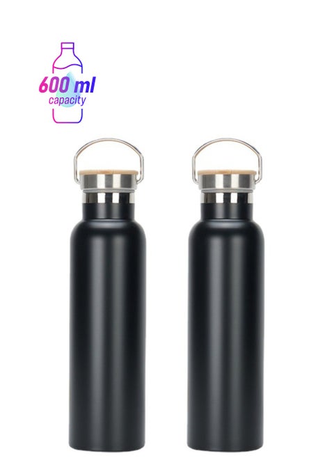 Sport Water Bottle Stainless Steel Double Wall Insulated Reusable Thermoses Flask Vacuum Metal with Handle and Leakproof Lid for Cyclists Runners Hiker 2 Pack 600ML