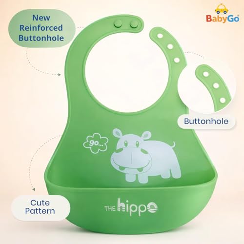 BabyGo Silicone Baby Bib for Feeding & Weaning Infants & Toddlers |Waterproof, Washable & Reusable | Adjustable Neckline, Lightweight & Foldable Bib with Deep Food Catcher Pocket |Green (Pack of 1) - Image 2