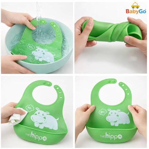 BabyGo Silicone Baby Bib for Feeding & Weaning Infants & Toddlers |Waterproof, Washable & Reusable | Adjustable Neckline, Lightweight & Foldable Bib with Deep Food Catcher Pocket |Green (Pack of 1) - Image 4