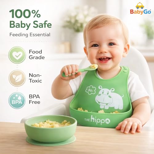 BabyGo Silicone Baby Bib for Feeding & Weaning Infants & Toddlers |Waterproof, Washable & Reusable | Adjustable Neckline, Lightweight & Foldable Bib with Deep Food Catcher Pocket |Green (Pack of 1) - Image 5