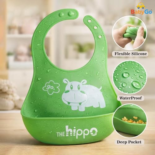 BabyGo Silicone Baby Bib for Feeding & Weaning Infants & Toddlers |Waterproof, Washable & Reusable | Adjustable Neckline, Lightweight & Foldable Bib with Deep Food Catcher Pocket |Green (Pack of 1) - Image 3