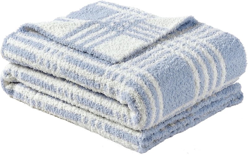 CREVENT 76x102cm Cozy Soft Warm Chenille Baby Blanket for Girls Boys, Newborn Essentials for Infant, Baby Shower - Blue Check - Image 1
