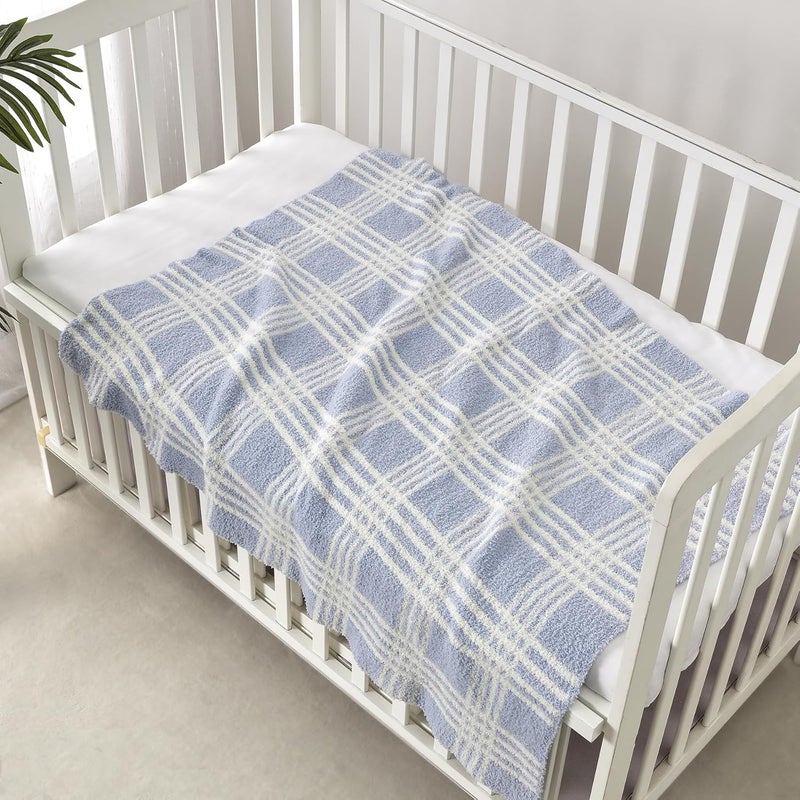 CREVENT 76x102cm Cozy Soft Warm Chenille Baby Blanket for Girls Boys, Newborn Essentials for Infant, Baby Shower - Blue Check - Image 4