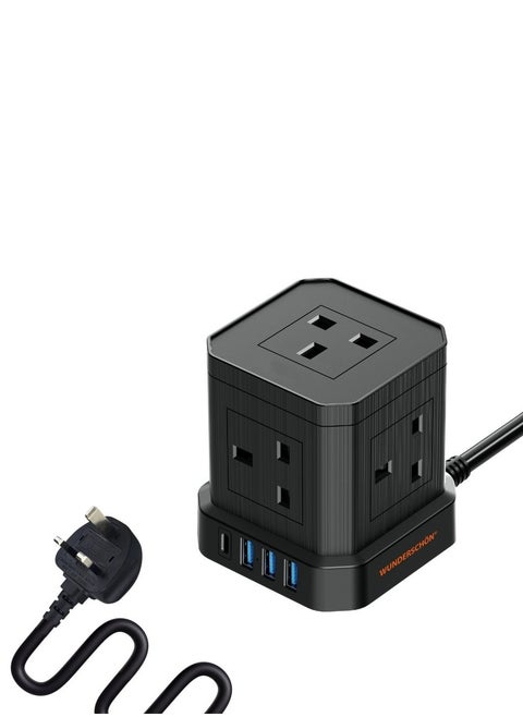 Cube Power Strip 5 UK Outlets and Plug Power Extension 200 CM Cable Length Charging Ports 3 USB Type A - 1 USB Type C Fire Resistant Surge Protection