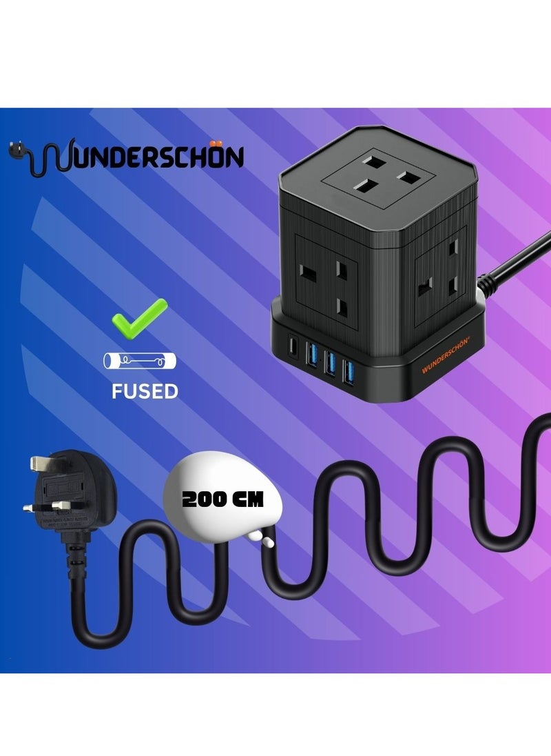 Cube Power Strip 5 UK Outlets and Plug Power Extension 200 CM Cable Length Charging Ports 3 USB Type A - 1 USB Type C Fire Resistant Surge Protection