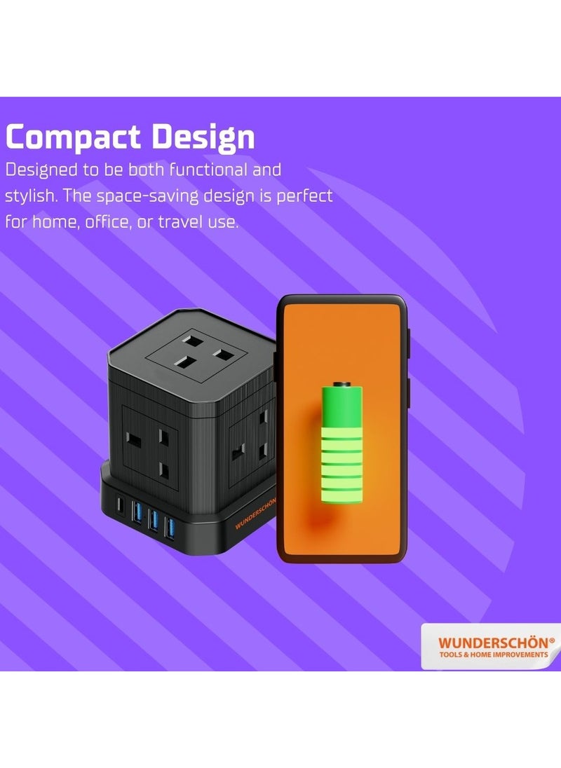 Cube Power Strip 5 UK Outlets and Plug Power Extension 200 CM Cable Length Charging Ports 3 USB Type A - 1 USB Type C Fire Resistant Surge Protection