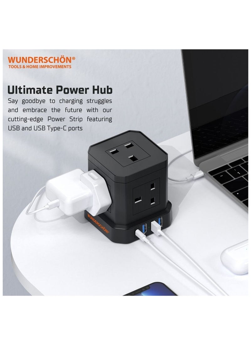 Cube Power Strip 5 UK Outlets and Plug Power Extension 200 CM Cable Length Charging Ports 3 USB Type A - 1 USB Type C Fire Resistant Surge Protection