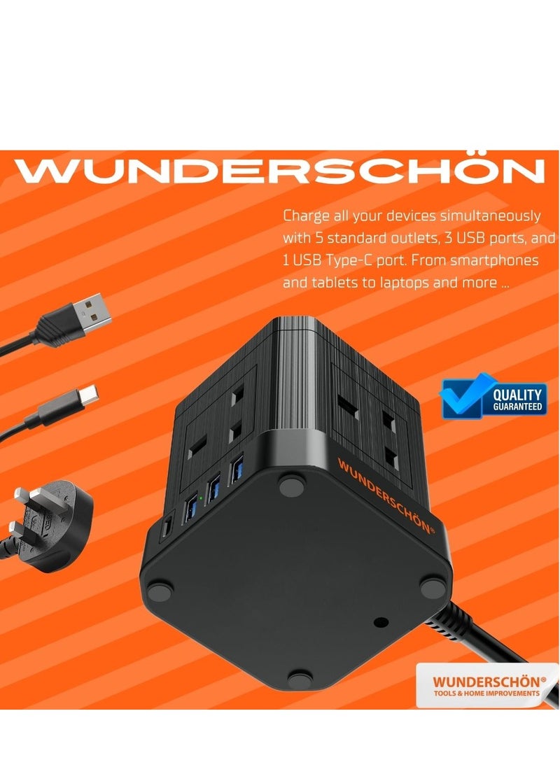 Cube Power Strip 5 UK Outlets and Plug Power Extension 200 CM Cable Length Charging Ports 3 USB Type A - 1 USB Type C Fire Resistant Surge Protection