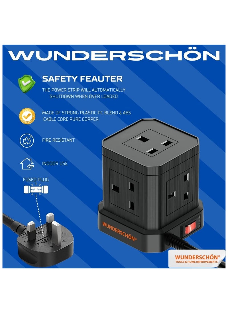 Cube Power Strip 5 UK Outlets and Plug Power Extension 200 CM Cable Length Charging Ports 3 USB Type A - 1 USB Type C Fire Resistant Surge Protection