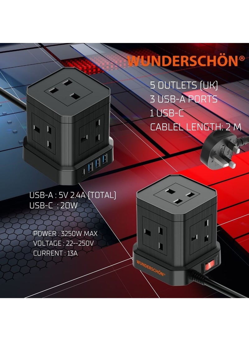 Cube Power Strip 5 UK Outlets and Plug Power Extension 200 CM Cable Length Charging Ports 3 USB Type A - 1 USB Type C Fire Resistant Surge Protection