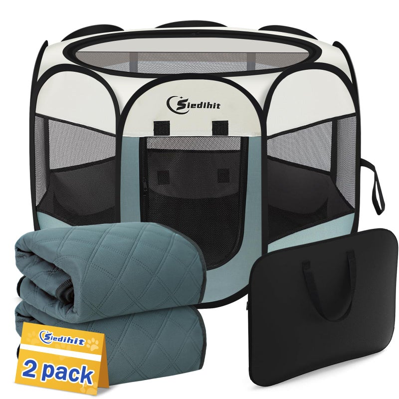 Siedihit Dog Playpen with 2 Washable Pee Pad, Puppy Pet Cat Playpen Small AnimalsTent Crate Indoor/Outdoor, Portable Pop Up Kennel with Carrying Case(Grey with 2 Pads, Small) - Image 1