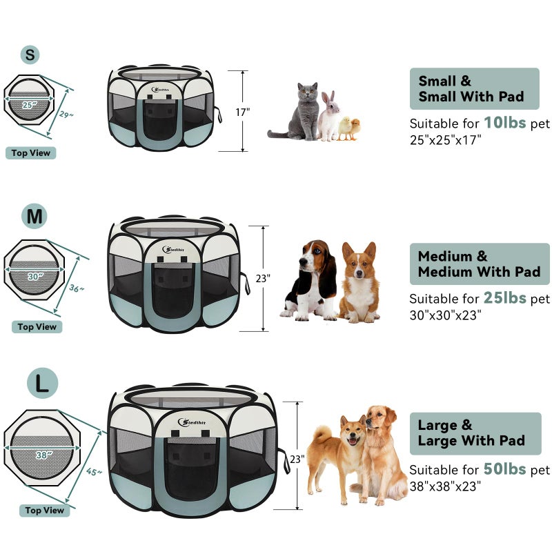 Siedihit Dog Playpen with 2 Washable Pee Pad, Puppy Pet Cat Playpen Small AnimalsTent Crate Indoor/Outdoor, Portable Pop Up Kennel with Carrying Case(Grey with 2 Pads, Small) - Image 2
