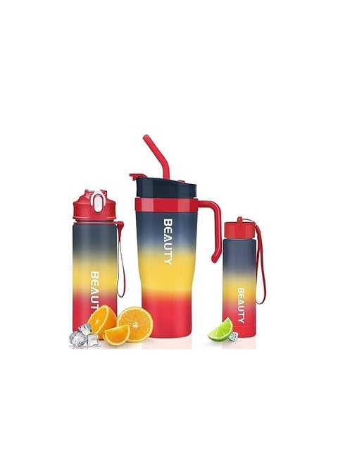 Gradient Water Bottle Set, 3 Sizes (1200ml/800ml/300ml), Double Drinking Cup with Straw and Handle