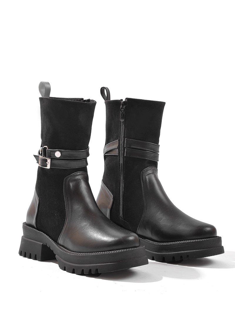 Run  Half Boot Elegant Suede Two Buckles-BLACK - Image 1