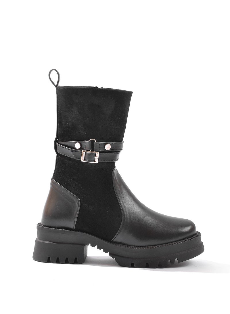 Run  Half Boot Elegant Suede Two Buckles-BLACK - Image 2