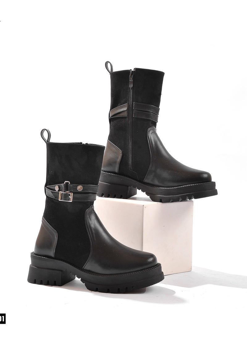 Run  Half Boot Elegant Suede Two Buckles-BLACK - Image 3