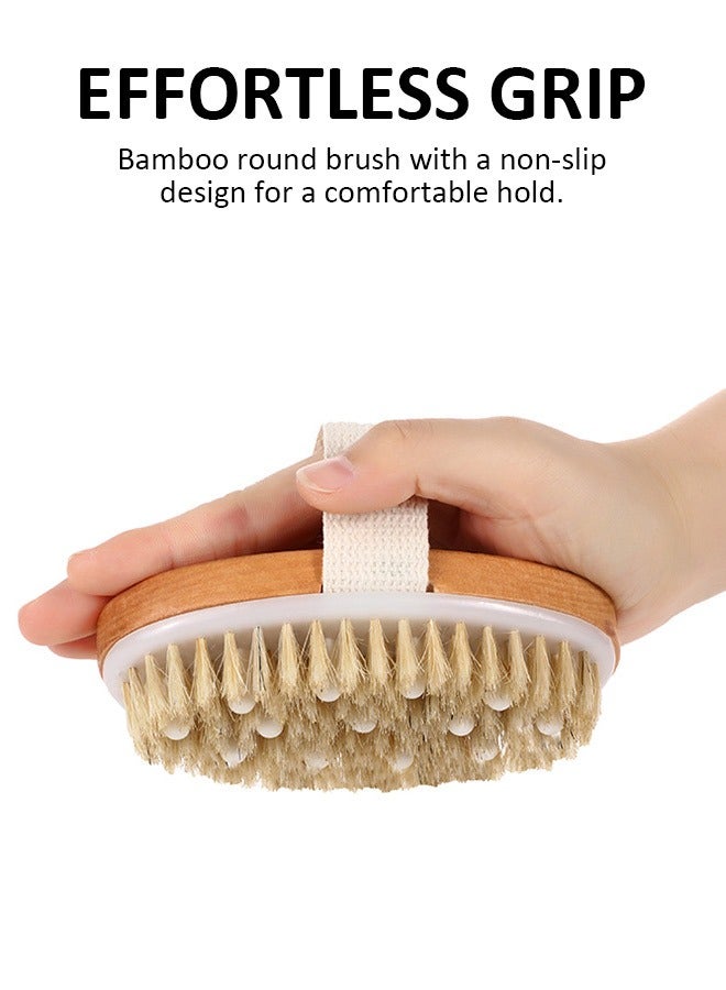 Round Bamboo Body Brush with Soft Bristles and Anti-Slip Handle, Double-Sided Handheld Bath Brush Set with Massage Nodules, Includes Long-Handle and Palm-Size Brushes, Ideal for Exfoliating and Skin Massaging - Image 2
