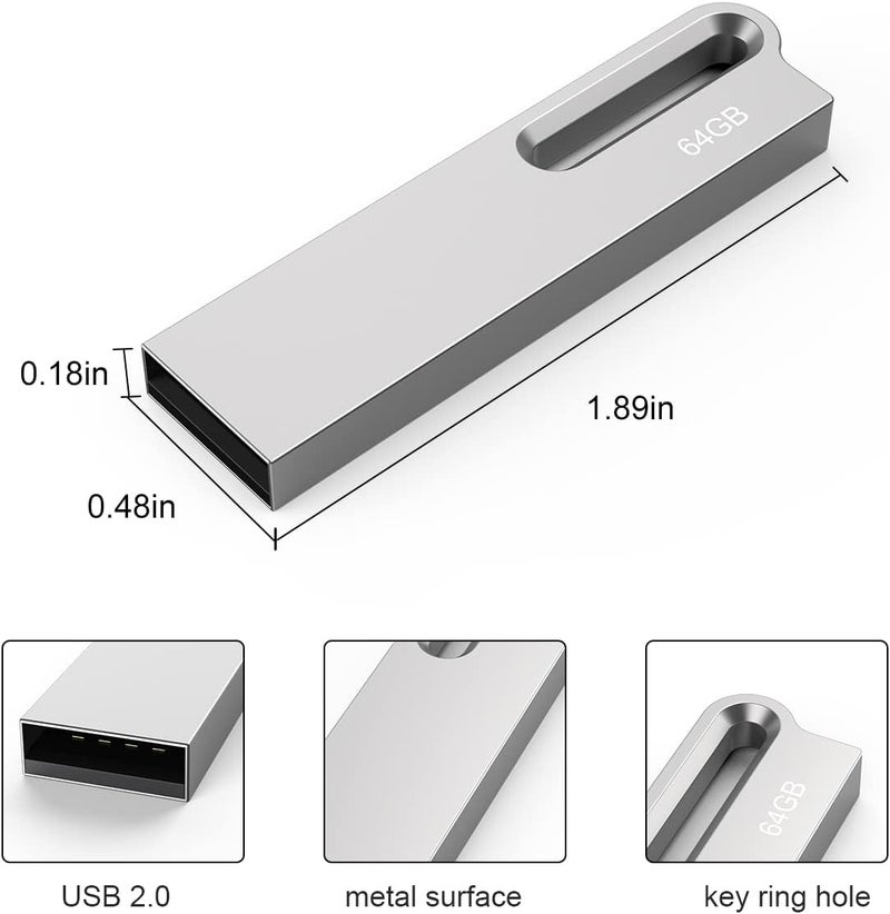 Aiibe ذاكرة فلاش سعة 64 جيجابايت، مجموعة من 5 وحدات، محرك USB معدني، عصا ذاكرة USB 2.0 سعة 64 جيجابايت، مقاومة للماء مع سلسلة مفاتيح (فضي) - Image 5
