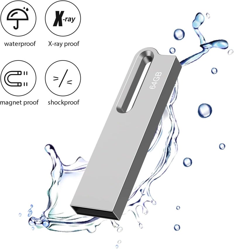 Aiibe ذاكرة فلاش سعة 64 جيجابايت، مجموعة من 5 وحدات، محرك USB معدني، عصا ذاكرة USB 2.0 سعة 64 جيجابايت، مقاومة للماء مع سلسلة مفاتيح (فضي) - Image 3