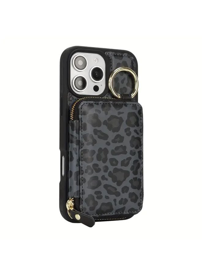 حافظة هاتف White Leopard Print متوافقة مع iPhone 15 Pro Max، تحتوي على فتحة للبطاقات، حجرة بسحاب، وحلقة حامل. - Image 3