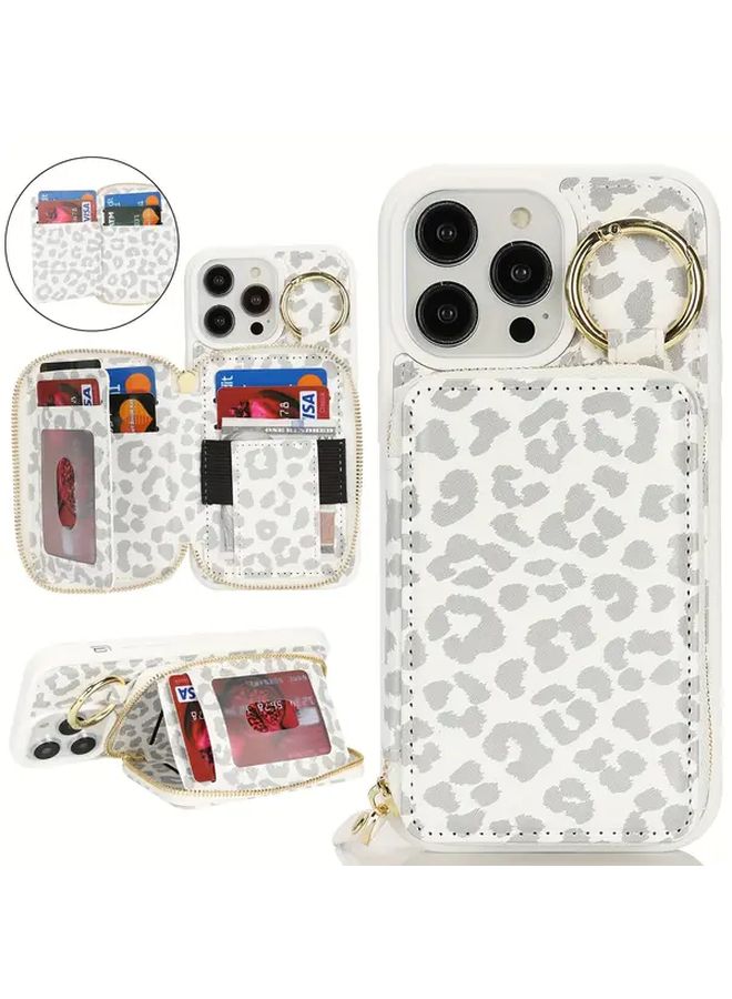 حافظة هاتف White Leopard Print متوافقة مع iPhone 15 Pro Max، تحتوي على فتحة للبطاقات، حجرة بسحاب، وحلقة حامل. - Image 1