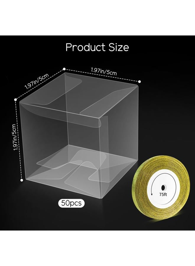 Quadafy 50 Pack Clear Candy Boxes, 2x2x2 Inches Favor Boxes, Transparent Plastic Gift Box With Ribbon, Clear Favor Boxes for Treats, Party Favors - Image 2