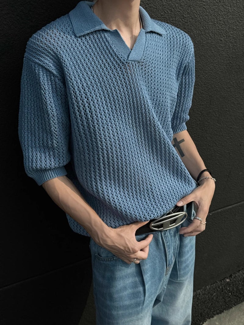 Knitted Short Sleeve Polo Shirt V-Neck T-Shirt Casual Top - Image 2