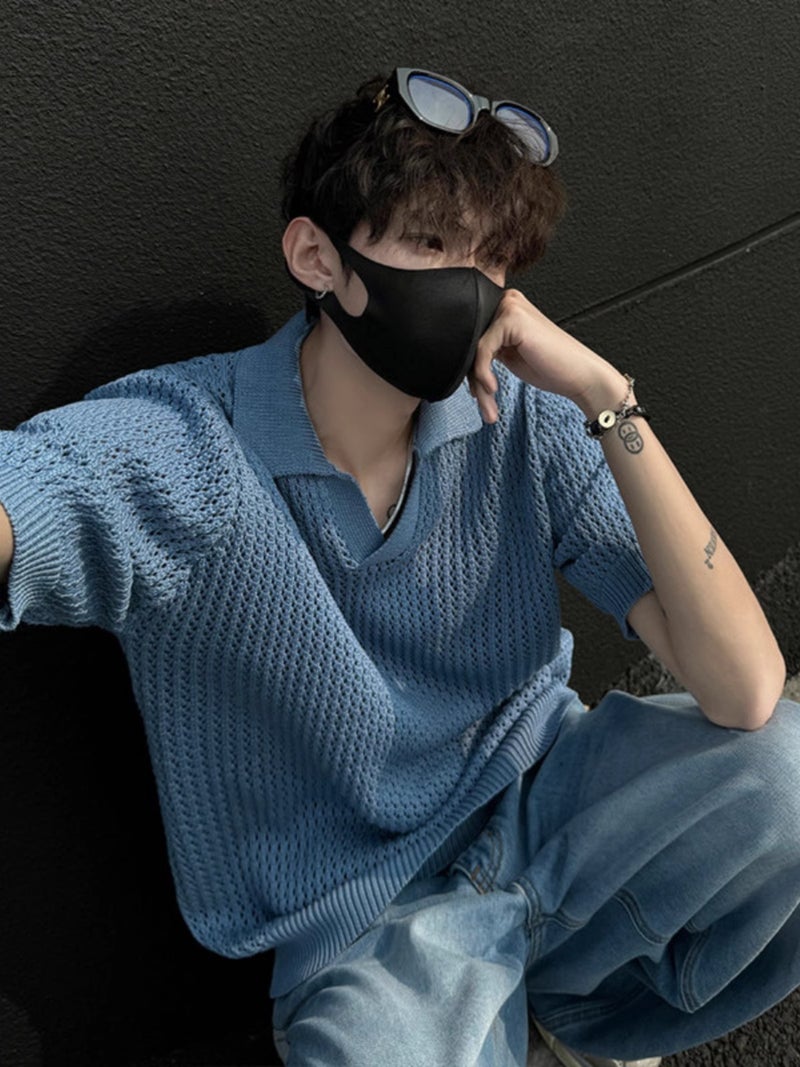 Knitted Short Sleeve Polo Shirt V-Neck T-Shirt Casual Top - Image 1