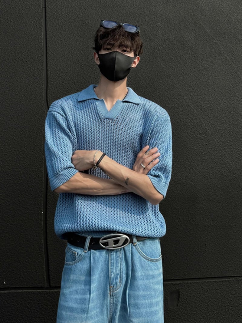 Knitted Short Sleeve Polo Shirt V-Neck T-Shirt Casual Top - Image 3