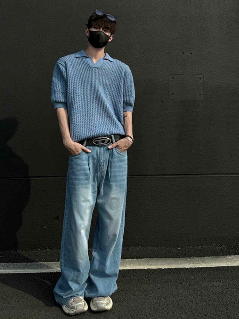 Knitted Short Sleeve Polo Shirt V-Neck T-Shirt Casual Top - Image 4