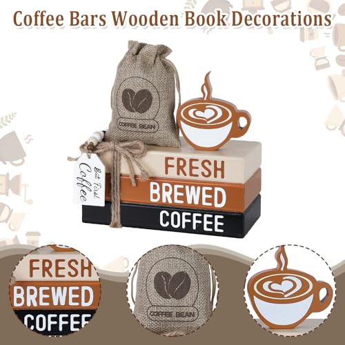 DECSPAS Coffee Bar Decor, DECSPAS Wooden Book Stacks with Bead Garland for Coffees Bar Accessories, FRESH BREWED COFFEE Sign Coffees Bar Decorations for Home, Tiered Tray, Table, Rustic Farmhouse Decor - Image 3