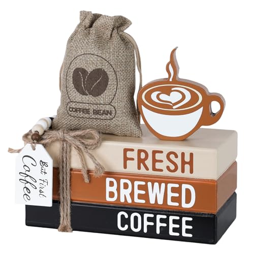 DECSPAS Coffee Bar Decor, DECSPAS Wooden Book Stacks with Bead Garland for Coffees Bar Accessories, FRESH BREWED COFFEE Sign Coffees Bar Decorations for Home, Tiered Tray, Table, Rustic Farmhouse Decor - Image 1