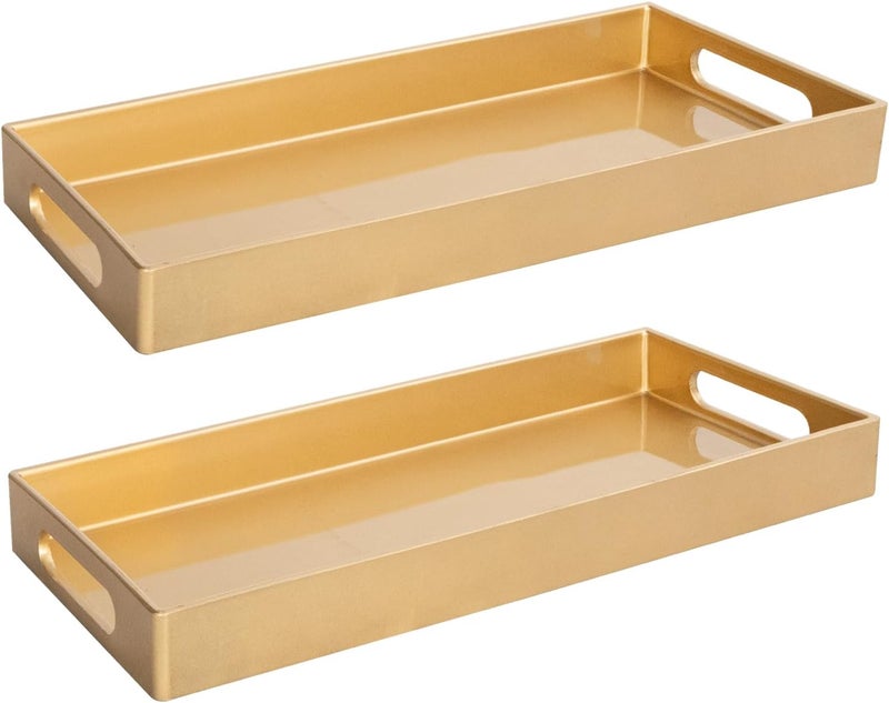MAONAME Gold Vanity Tray Set of 2, Plastic Decorative Tray with Handles, Rectangular Bathroom Tray for Toilet Tank, Counter, 13.8" X 6" X 1.57" - Image 1