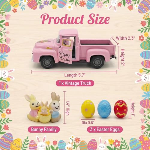 YimiBloss Pink Easter Truck Decorations Set - Vintage Farmhouse Metal Truck with 3 Easter Eggs and 3 Resin Bunny Figurines, Spring Farm Pickup Decor for Table Tiered Tray Home Kitchen Office Festival Gifts - Image 3