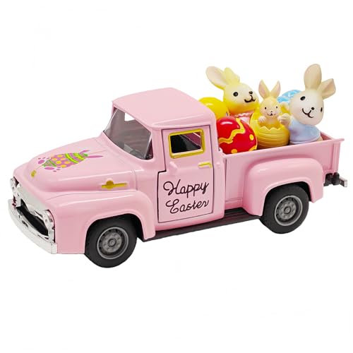 YimiBloss Pink Easter Truck Decorations Set - Vintage Farmhouse Metal Truck with 3 Easter Eggs and 3 Resin Bunny Figurines, Spring Farm Pickup Decor for Table Tiered Tray Home Kitchen Office Festival Gifts - Image 1