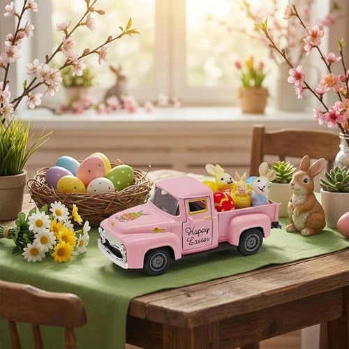 YimiBloss Pink Easter Truck Decorations Set - Vintage Farmhouse Metal Truck with 3 Easter Eggs and 3 Resin Bunny Figurines, Spring Farm Pickup Decor for Table Tiered Tray Home Kitchen Office Festival Gifts - Image 2